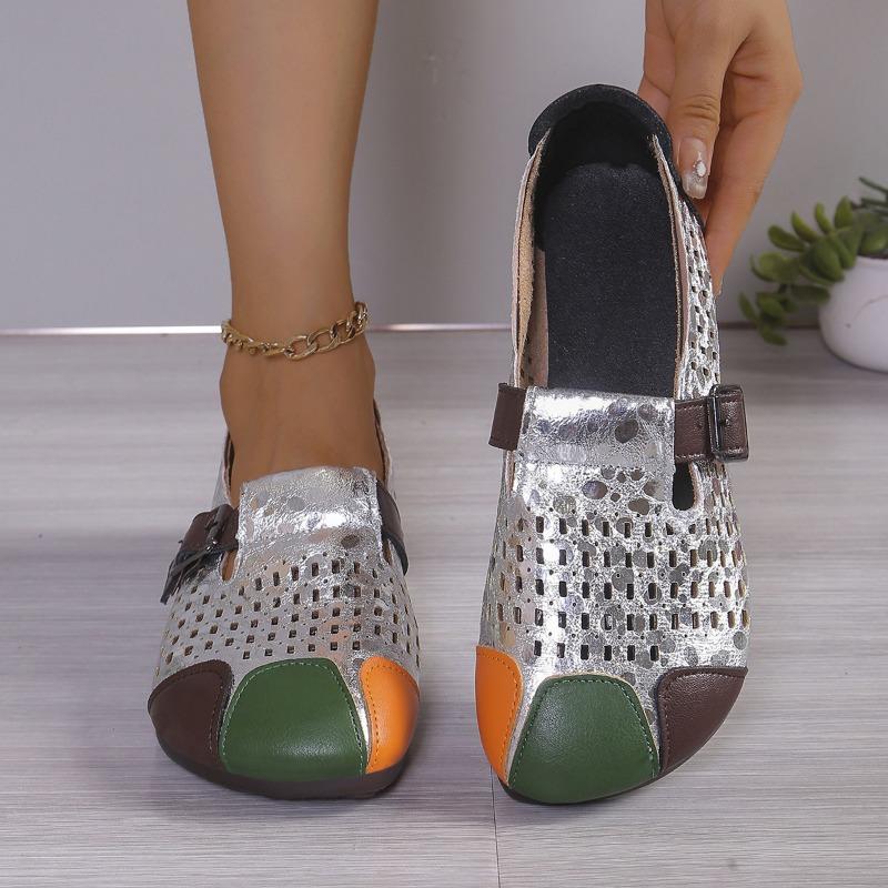 Chaussures de maman d'âge moyen en tendon de vache grande taille pour femmes, chaussures creuses à fond plat, confortables et décontractées