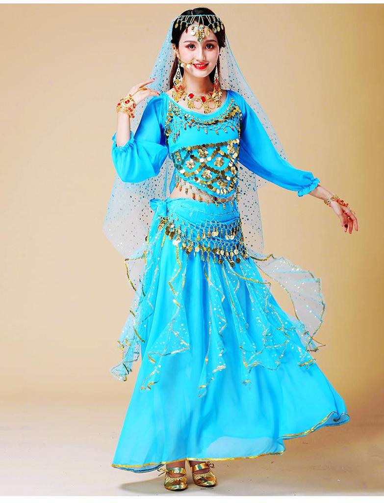 Women's Long Sleeve Indian Belly Dance Performance Costume with Short Sleeve Long Skirt