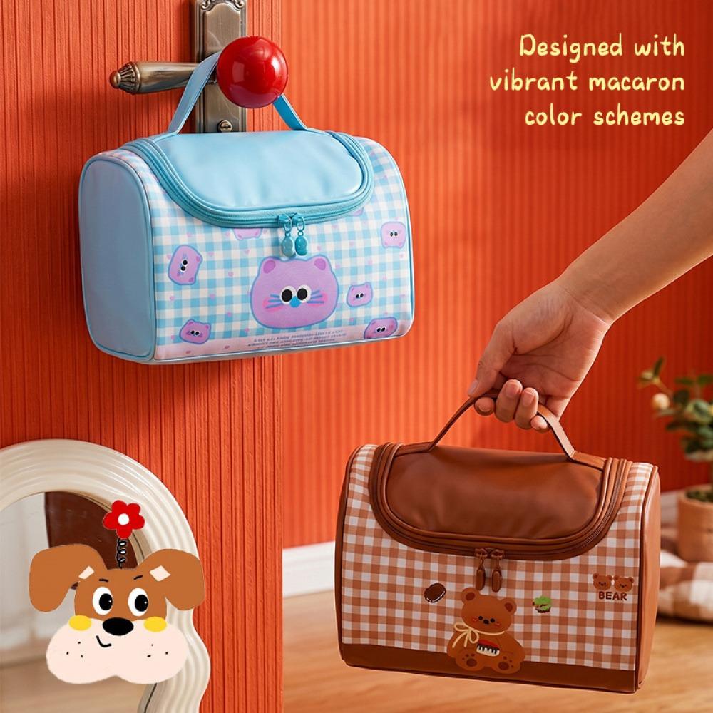 Cute Cat Storage Bag Student Portable Toiletry Bag Travel Storage Bag Cartoon Checkered Color-Block Handheld Makeup Bag