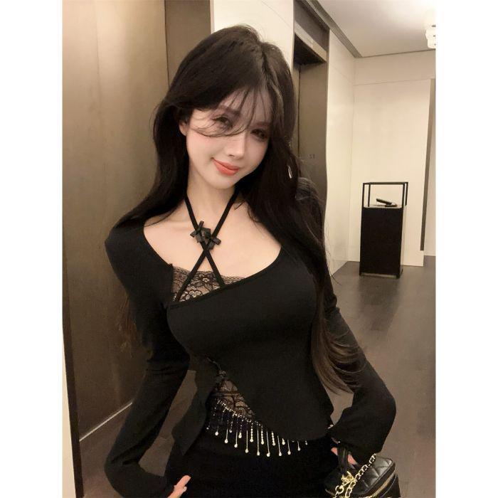 

Purple Lace Patchwork Long Sleeve Slim Fit Top for Women M чёрный