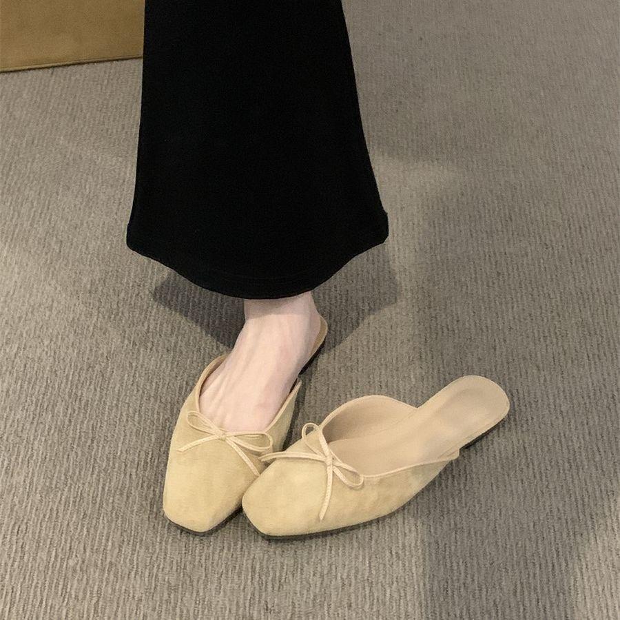 Gentle bag head half slippers outer wear women's shoes spring and summer 2025 new suede bow with skirt flat shoes