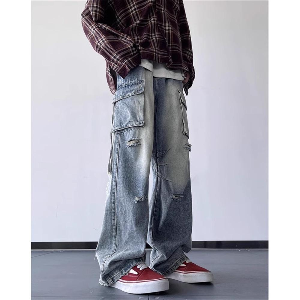 Trendy Brand Retro Ripped Tooling Wide-leg Jeans Men's Autumn American High Street Hiphop Loose Straight Pants