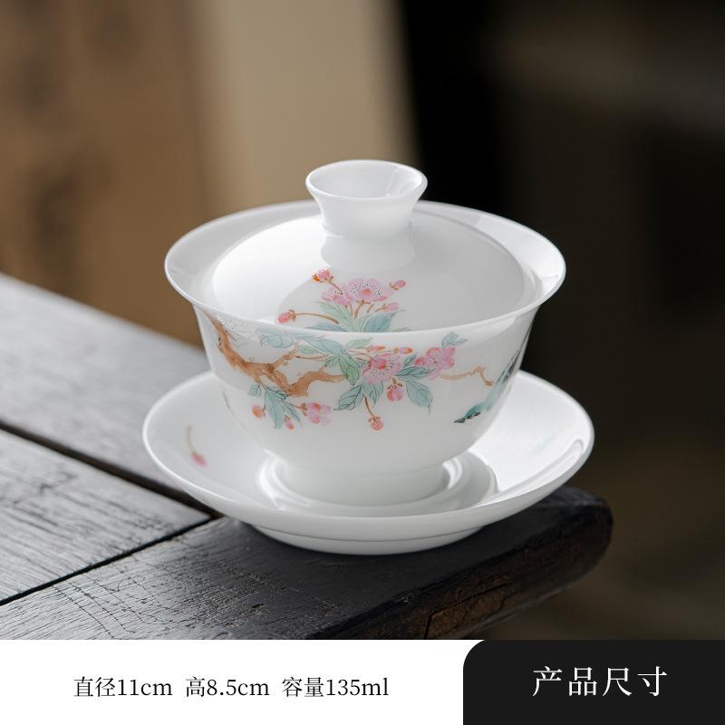 135ml butikový nefritový porcelán Gaiwan, ručně malovaná květinová a ptačí čajová mísa, kryt na čajový konvici, miska, kavárny, dárky