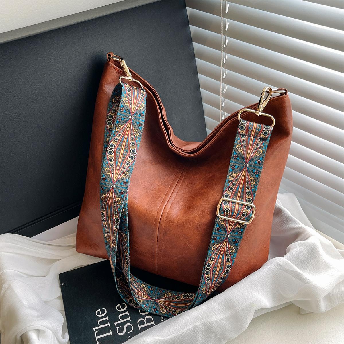 

Женская винтажная простая сумка-ведро из искусственной кожи, большая вместимость, сумка на молнии, регулируемый плечевой ремень, сумка через плечо