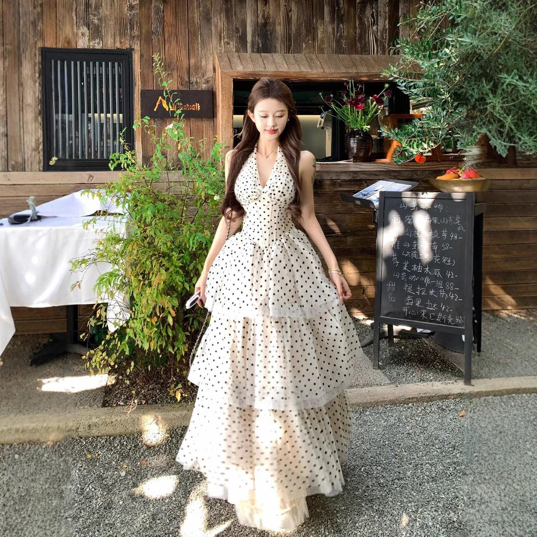 

Женское платье-миди в французском стиле, с вырезом-халтер и V-образным вырезом, в горошек, многоярусное, с акцентом на талию, для летнего пляжного отдыха, элегантное вечернее платье S бежевый