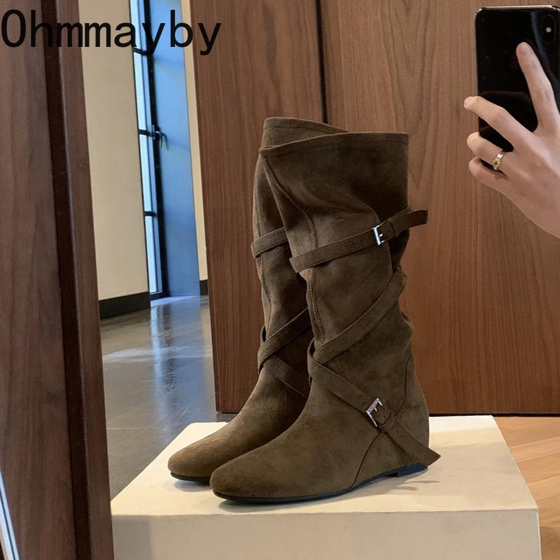 Autumn Winter Women Western Cowboy Boots Fashion Soft Pleated Shoes Female Concise Internal Elevation Long Booties