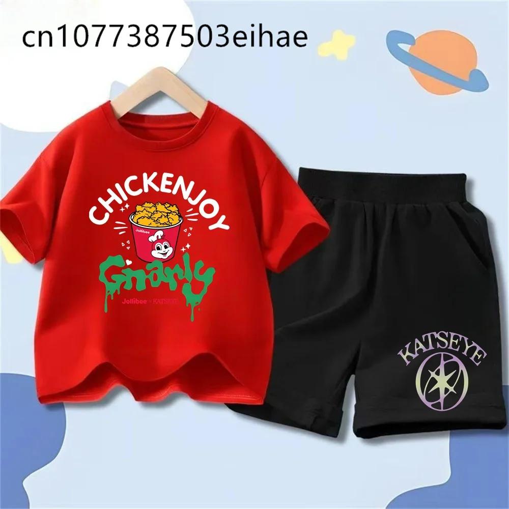 Katseye Girl Group Printed T-shirts Children's Clothing Girls Boys Summer Round Neck Short Sleeve T-shirt Shorts Set Soft