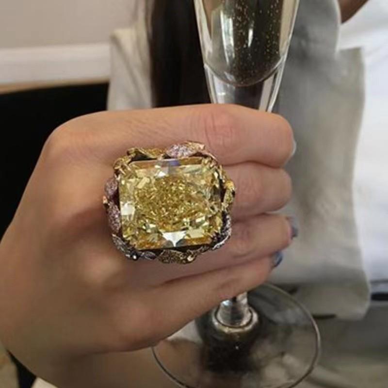 Lucky Star Jewelry Women's Golden Exquisite Luxury Jewelry Large Citrine Zircon Birthstone Anniversary Party Bride Princess Wedding Band Engagement Ring