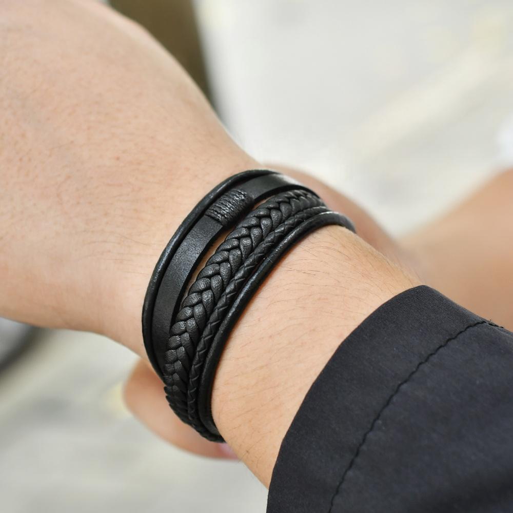 F252 Bracelets Multi-layer Mens Men Jewelry Stainless Steel Leather Bracelet for Men With Magnetic Clasp