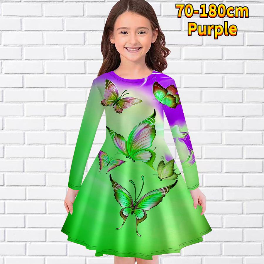

Повседневное платье для девочки с градиентным принтом в виде бабочек и круглым вырезом, длинными рукавами, детское платье принцессы 120 фиолетовый