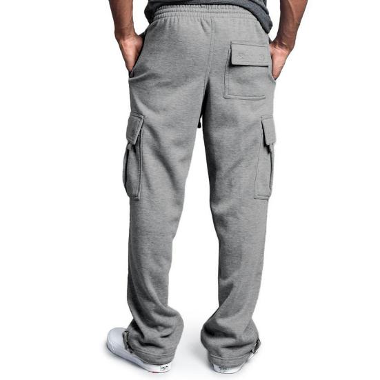 Yousheng Men Cargo Pants Elastic Waist Adjustable Drawstring Casual Overalls with Multi Pockets Solid Color Wide Leg Pants