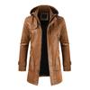 New  Autumn Hooded Winter Men's Leather Long Coat Trench Motorcycle Jackets Trendy Fleece Warm Comfortable Windbreaker