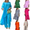European Women's Cotton Linen Casual Plus Size Irregular Long Sleeve Top and Wide-Leg Pants Set