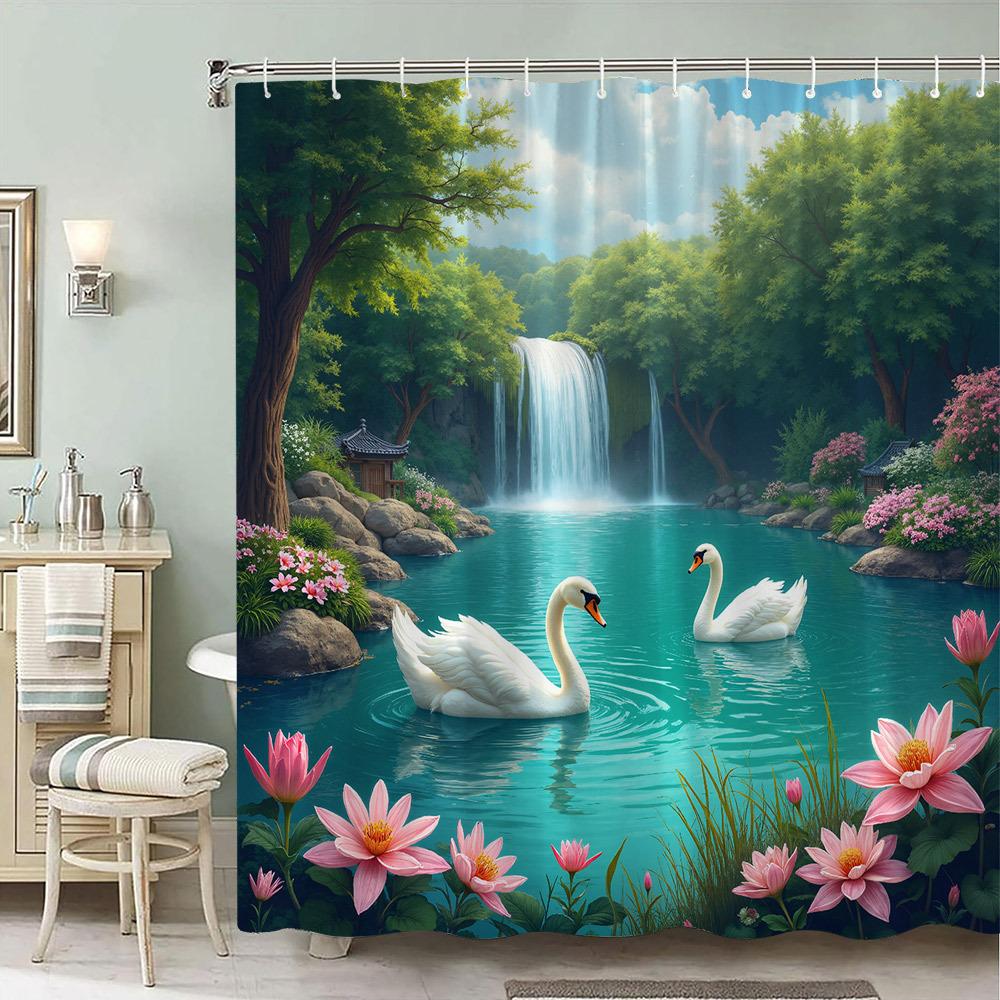 

1Pc Serene Garden Shower Curtain With Swans & Waterfall - Tranquil Pond & Lush Greenery Design, Peaceful Bathroom Decor W60H190(CM)-1 Pcs