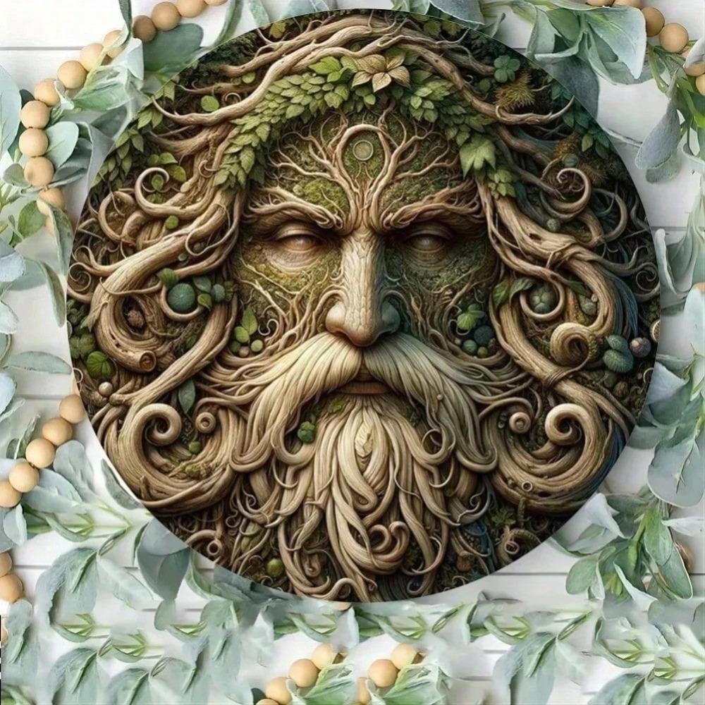 Uomo Verde Spirito dell'Albero Arte da Parete in Metallo Scultura Rotonda Incantata per Decorazioni per la Casa Pagana Wiccan
