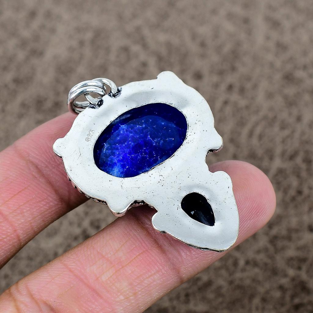 Blue Jade, Topaz Gemstone 925 Sterling Silver Jewelry Pendant 2.09" KKG-322