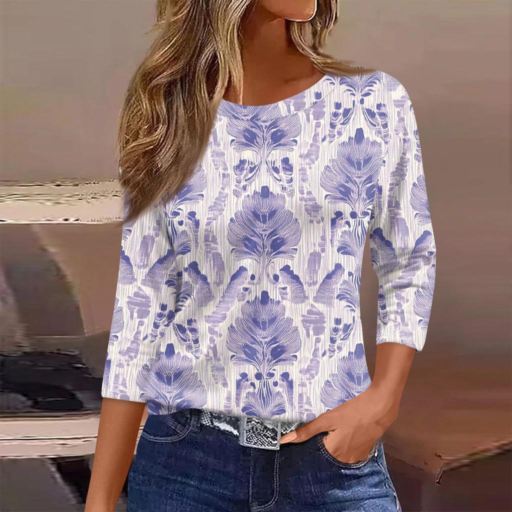 Women's Fashion Casual Round Neck 3/4 Sleeve Loose  Printed T-Shirt Ladies Top