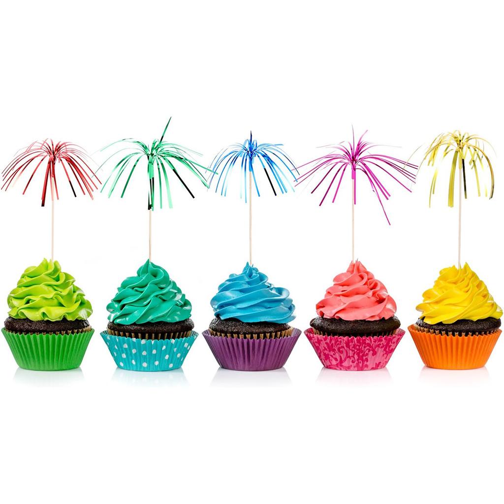 100 PCS Firework Cupcake Toppers Foil Frill Toothpicks Holiday Cake Decorations 9 Inch Food Picks for Graduation Party Supplies