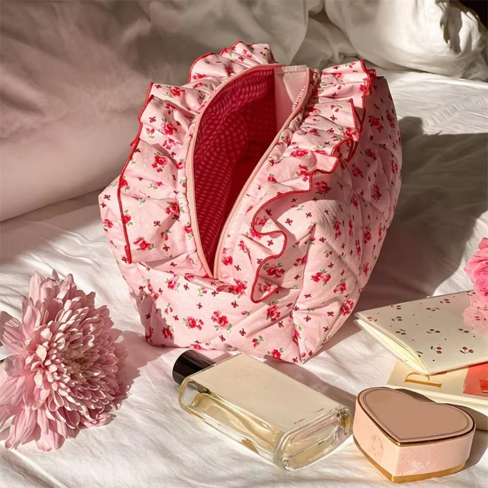 Cherry Printed Ruffle Makeup Bag Large Capacity Wash Storage Bag Toiletry Organizer  Outdoor