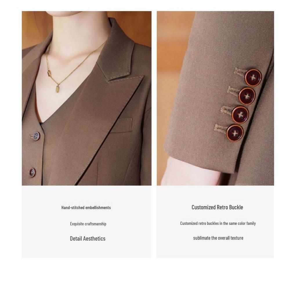 Women's Dark Brown Lyocell Blazer with Wide-Leg Pants Three-Piece Business Set