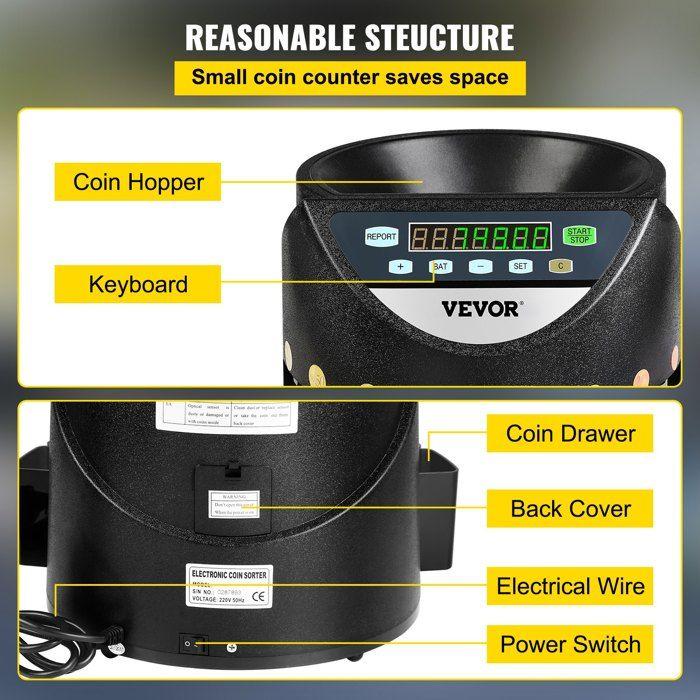Compteuse de Pièces - VEVOR - 300 pièces-minute - Capacité de 700 pièces - Compteur et Trieur de Pièces Professionnel 220 V