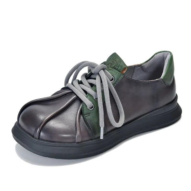 Johnature Flache Retro-Schuhe aus echtem Leder mit runder Spitze, einfarbig, vielseitige Schnür-Damenschuhe