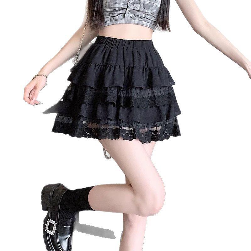 2026 Spring Women's High-Waisted Mesh Lace Trim Short Skirt with Anti-Exposure Design