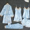 5 Stück/Set Damen Sexy Pyjama-Set Seidiges Satin Spitzen-Nachthemd Locker Schnürung an der Taille Hausanzug Schlafanzug
