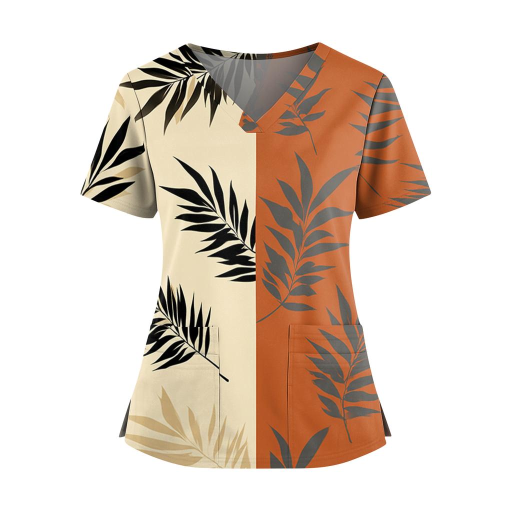 Women's Hawaiian Print V-Neck Double Pocket Short Sleeve Uniform/ Top