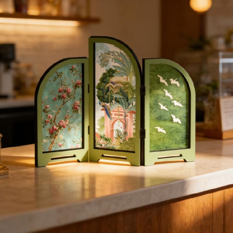 Paravento da Tavolo Decorativo a 3 Pannelli Divisorio Estetico Pieghevole per Scrivania Ornamento Feng Shui per Arredo Sala da Pranzo