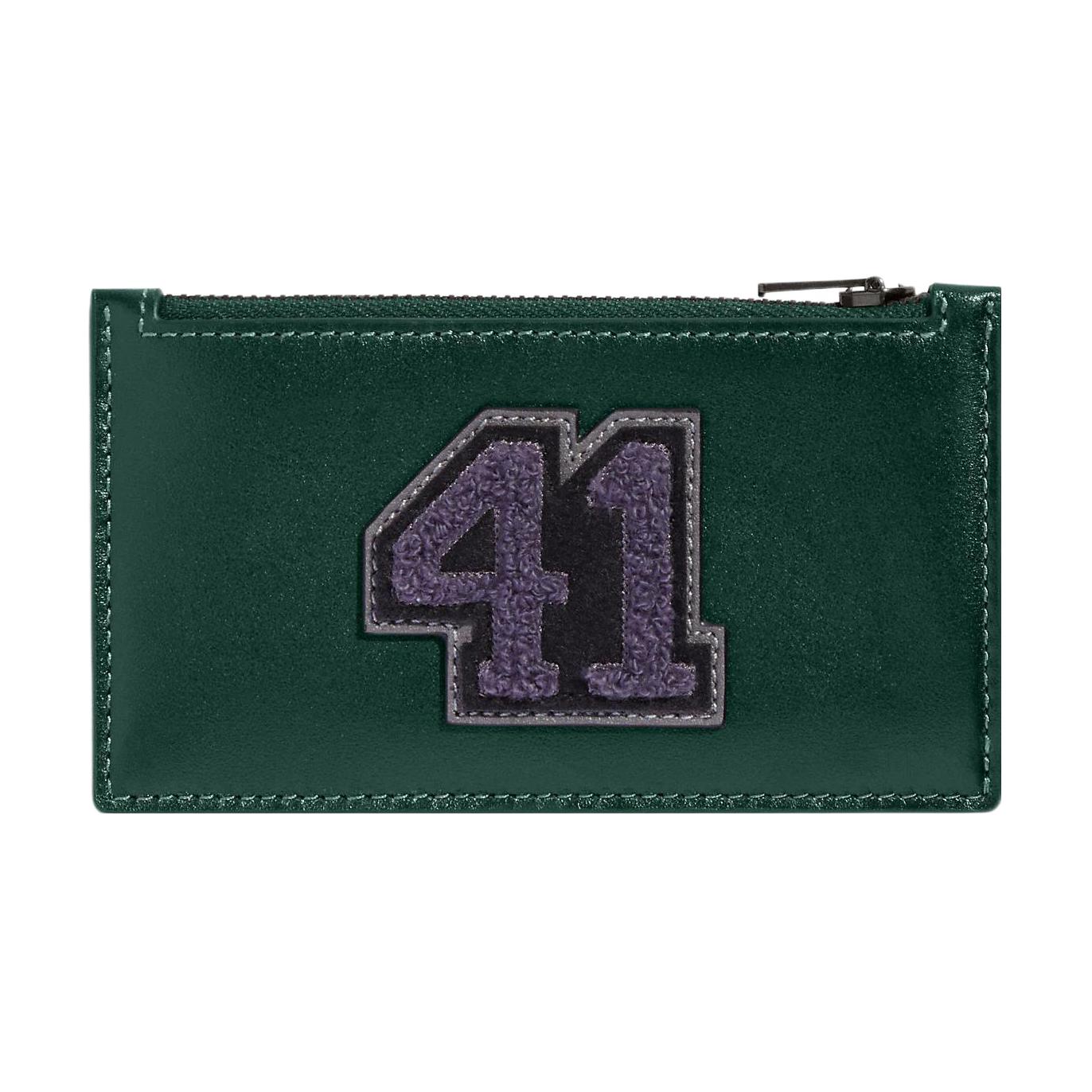 Coach Zip Top Card Case Varsity 13 College Style Badge Zipper Leather Card Holder Women Card Holder Dark-Green CG149-NWQ Dark Green