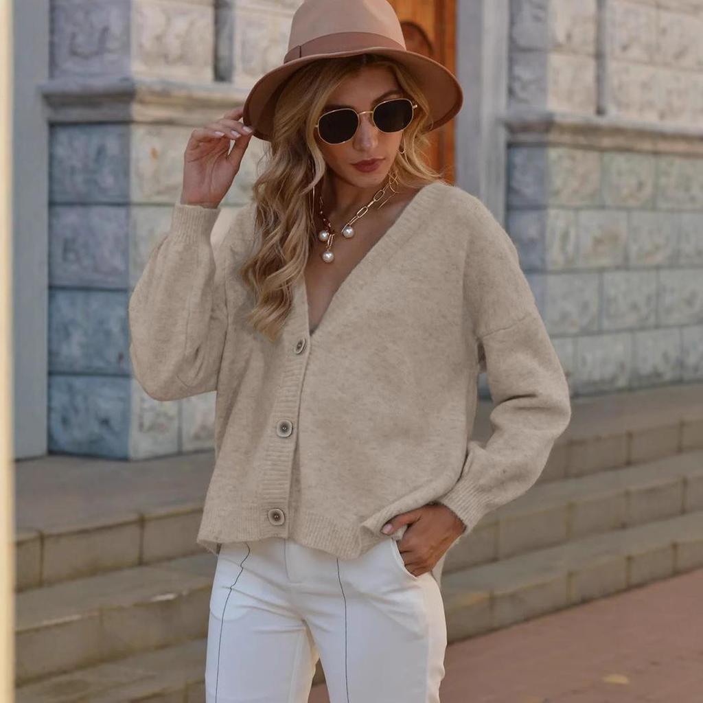 Neuer lässiger Strick-Cardigan mit V-Ausschnitt - Einfarbiges Damen-Oberteil für Herbst/Winter