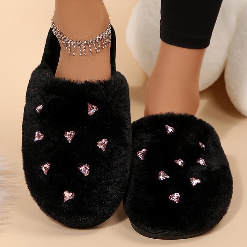 Fashion Fashion Heart Crystal Detor Fur Slippers Women Indoor Slip On Warm Plush Slippers Woman Winter Non Slip Light Cotton Slides Lady