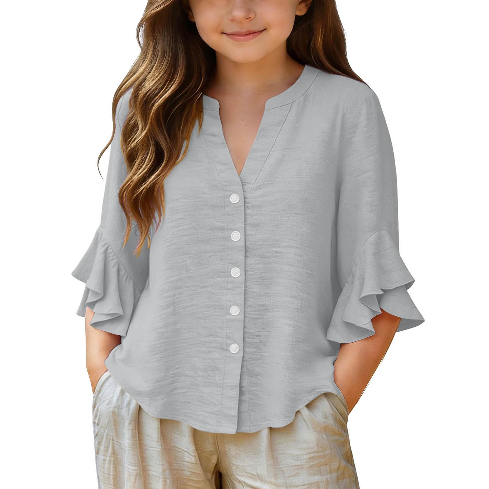 

Girls Loose Fit Casual Top Lightweight Button Down Shirt with Ruffle Sleeve Detail Comfortable Summer Blouse for Kids 110