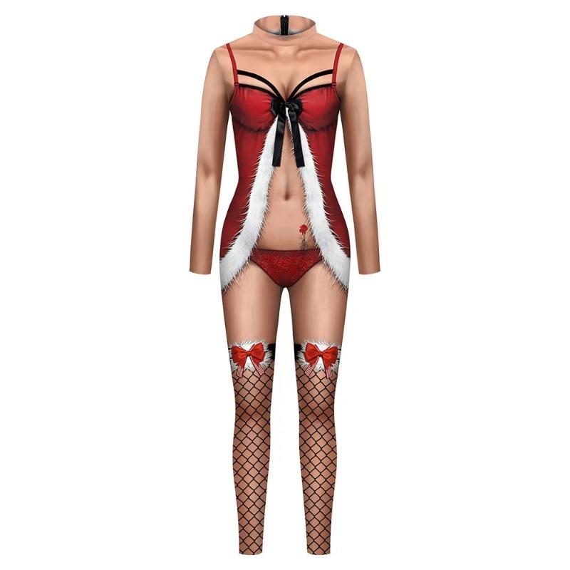 Christmas Jumpsuits Sexy Flesh Rompers Xmas Party Cosplay Women Bodysuit Party Slim Long Sleeve Playsuit Rave Outfits