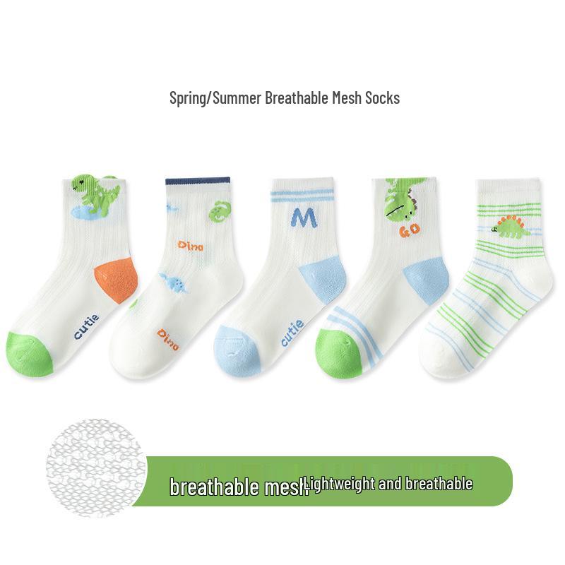 5 Pairs Children's Breathable Mesh Cotton Socks, Cartoon Design for Ages 1-14, Ideal for Spring and Summer