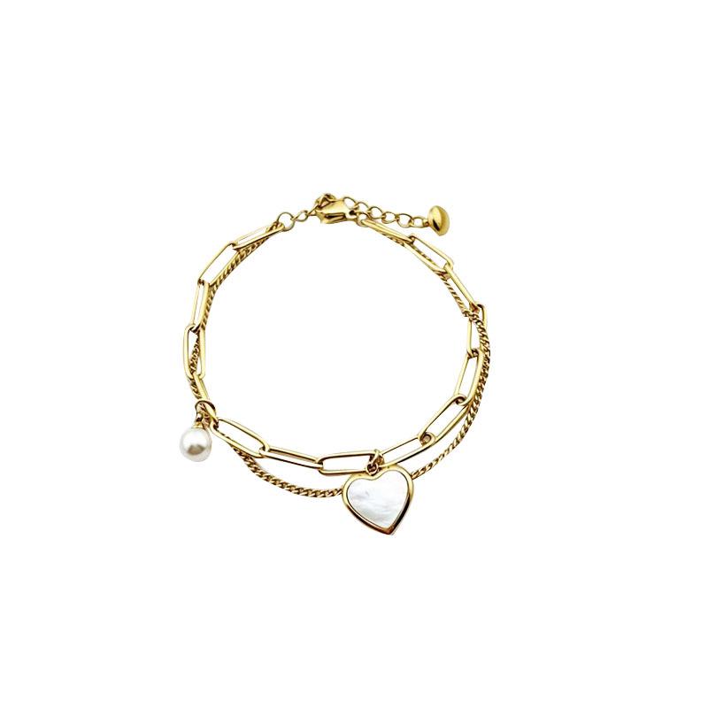 European & American Double Layer Heart Shell Pearl Titanium Bracelet - Colorfast Stainless Steel, Light Luxury Jewelry