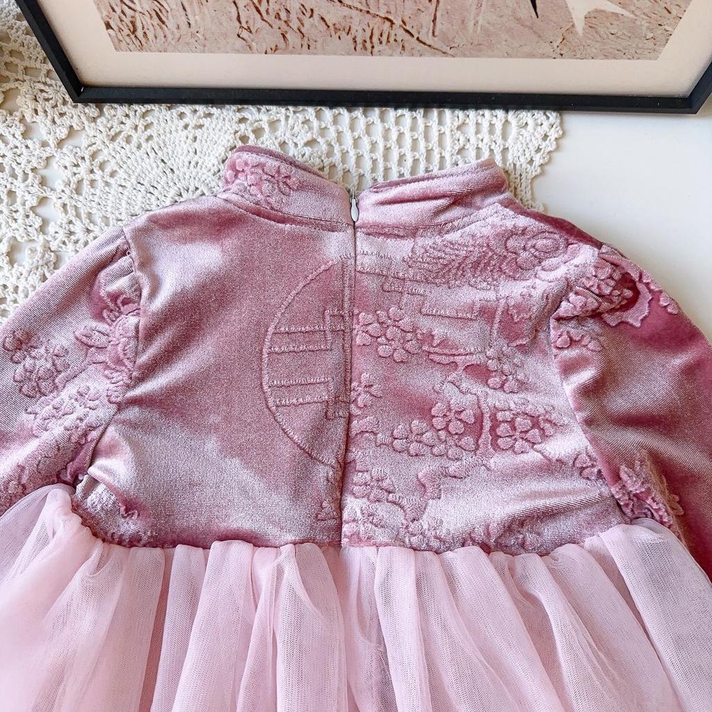 Girls' Winter Hanfu-Style Long Sleeve Mesh Dress