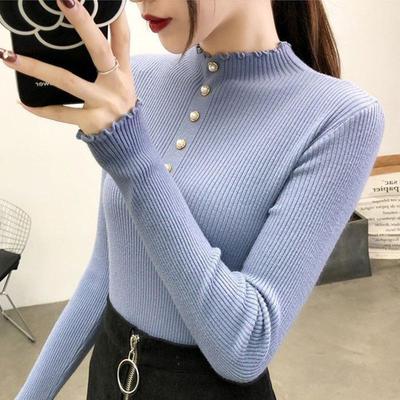 Ruffled Collar Slim Fit Knitted Pullovers Women Long Sleeved Ruched Tight Fitting Knit Top Sweater