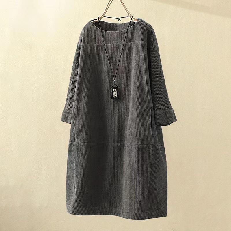 Women's Round Neck Long Sleeve Corduroy Midi Dress Loose A-Line Dress Vintage Retro Solid Color Casual Plus Size Shift Dress