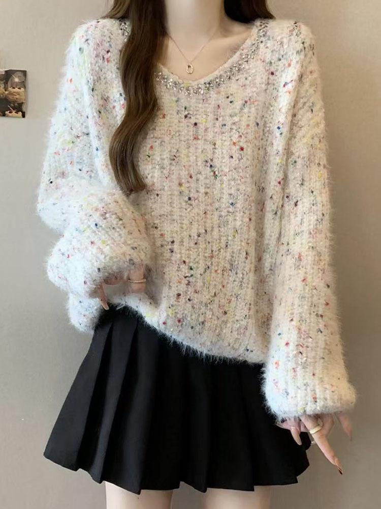 Korean Style Beaded Polka Dot Patchwork Wool Women's Autumn/Winter Fluffy Long-Sleeve Top