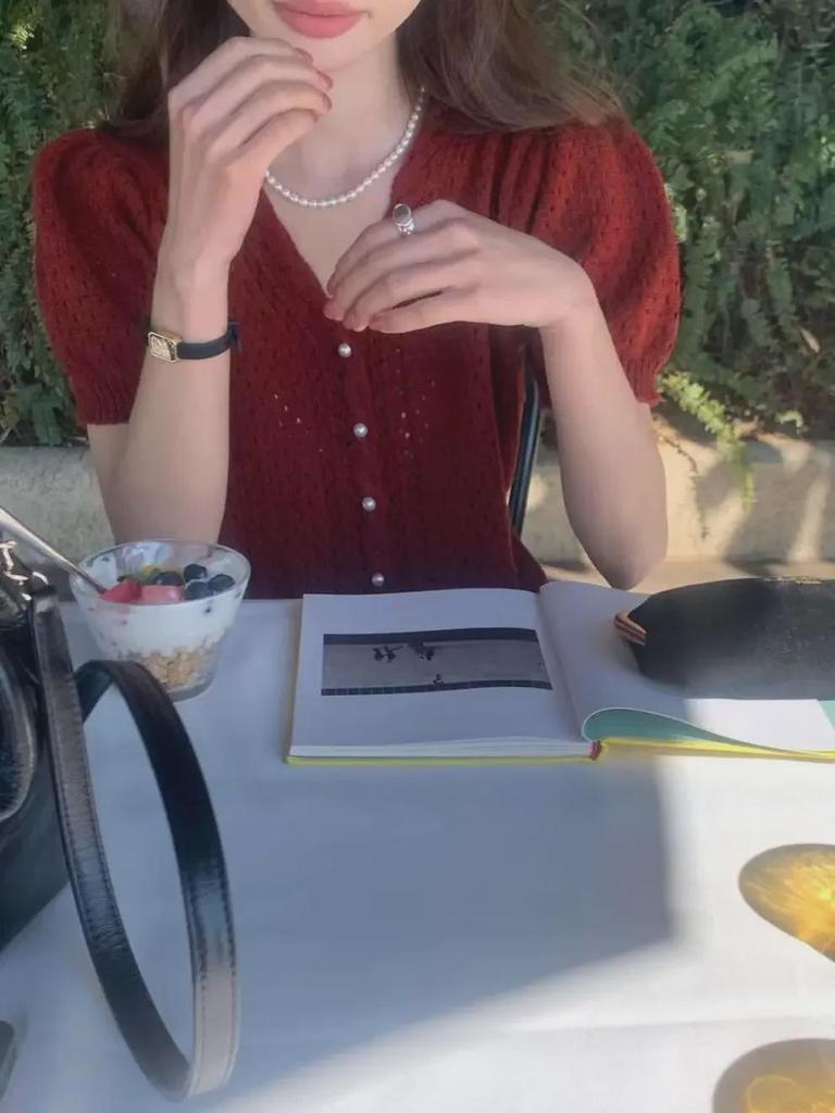 Korean Style Slimming Pearl Button Cutout Bubble Sleeve Knit Top