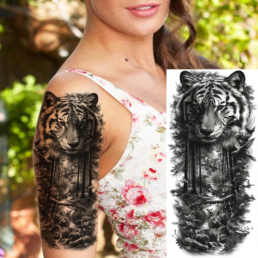 1 Sheet Realistic Fake Tiger Temporary Tattoos Sticker For Men Women Adults Water Transfer Transferable Tattoo Sleeve Waist Arm