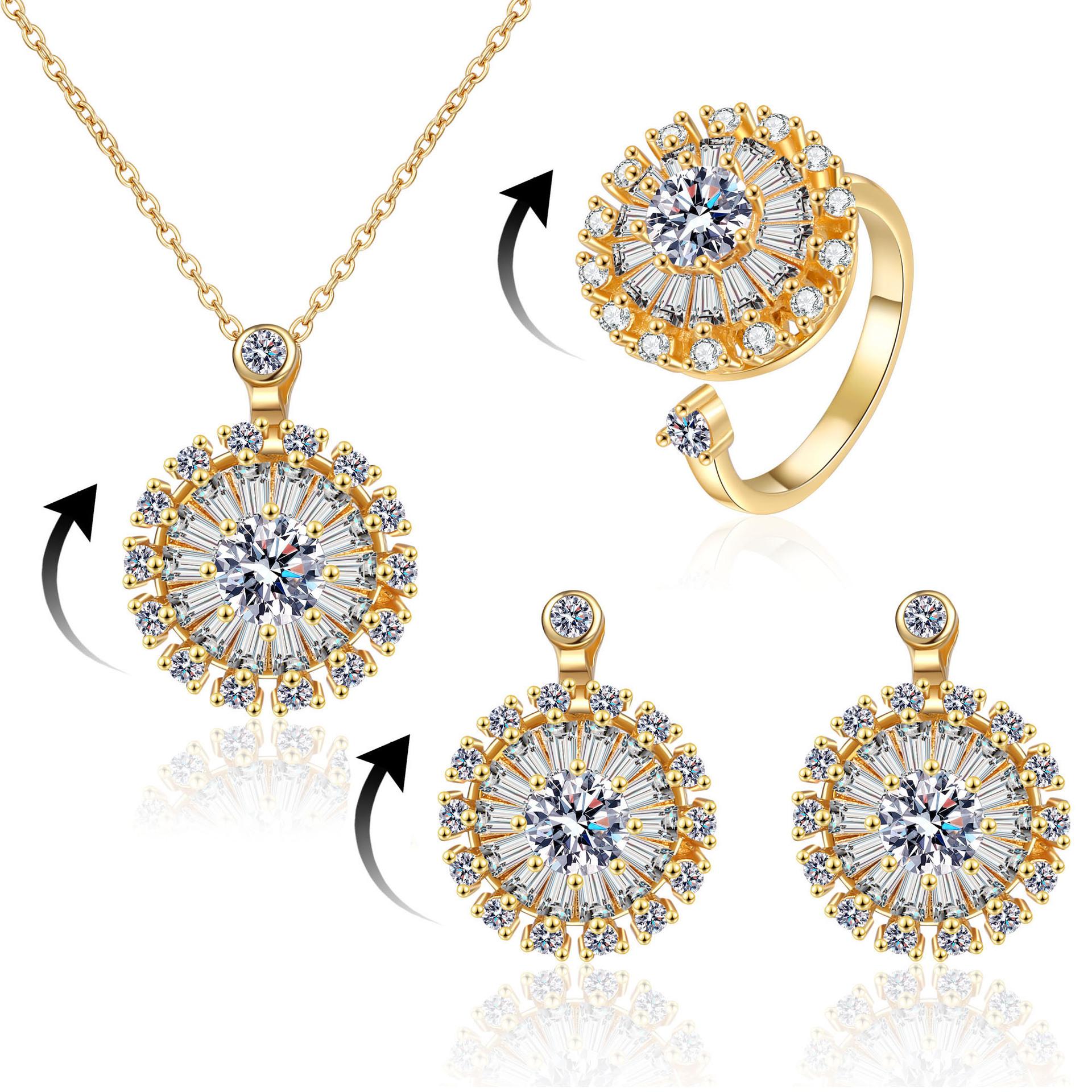 2026 Fashion Rotatable Sunflower Earrings Ring Set Full of Diamond Daisies Collarbone Chain 45CM