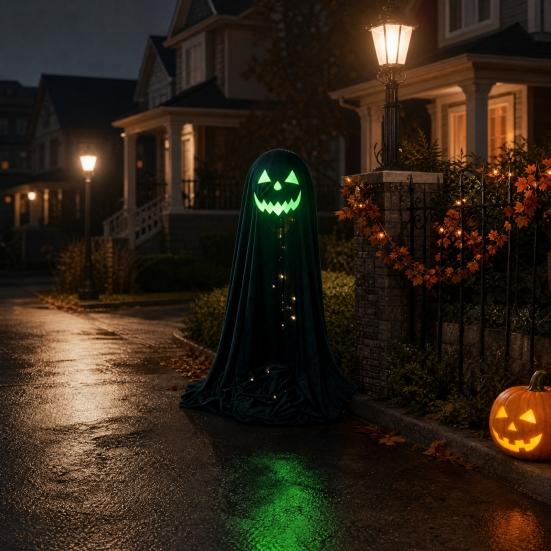 Halloween Ghost Decoration for Outdoor, Large Light Up Standing Ghost, Adjustable Spooky Black Ghost Decor for Porch, Yard Lawn