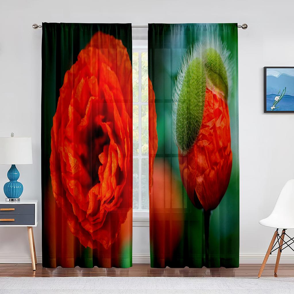 Poppy Flower Red Floral Sheer Voile Curtains for Living Room Bedroom Kitchen Tulle Window Curtain Home Decoration Chiffon Drapes