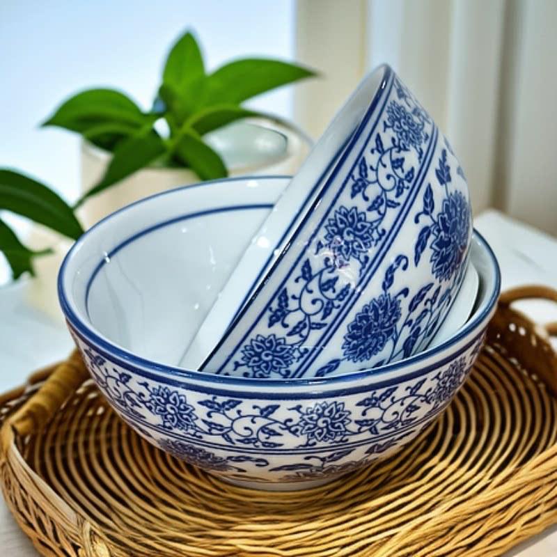 Blue & White Ceramic Tableware Set: Large 4-Piece with Rice and Small Soup Bowls, Plates for Farmhouse Dining.
