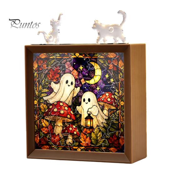 Wooden Photo Frame Base DIY Acrylic Cat Puzzles Night Light, Hand-Assembled Stained Glass Style Jigsaw Lamp with Personalized Handmade Presents Decor,