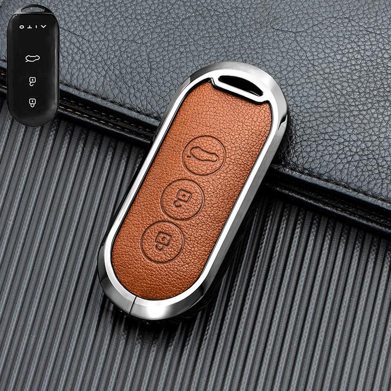 Business Style Double-Sided Leather Key Shell for AITO M7/M5 EV 2022 Model - Full Coverage Metal Car Key Case