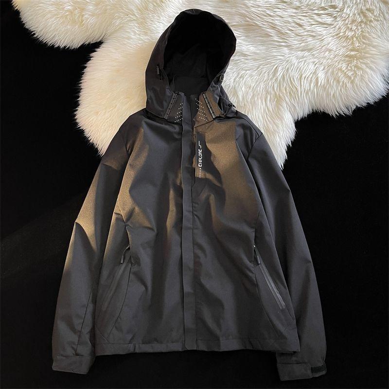 Fleece American jacket men's autumn and winter hooded black outdoor large size windproof trend casual